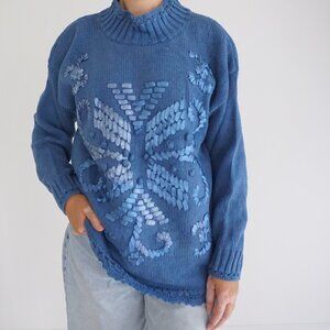 Vintage Boundary Waters Blue Textured Cotton Knit Sweater Cottagecore Boho M